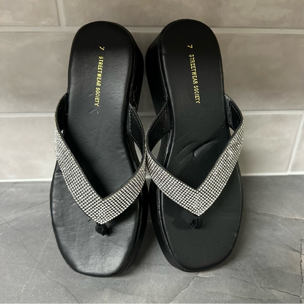 Black Rhinestone Embellished Platform Sandals 7 - Picture 3 of 7